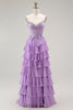 Load image into Gallery viewer, Purple Chiffon Tiered A Line Long Corset Prom Dress with Bows