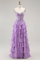 Load image into Gallery viewer, Purple Chiffon Tiered A Line Long Corset Prom Dress with Bows