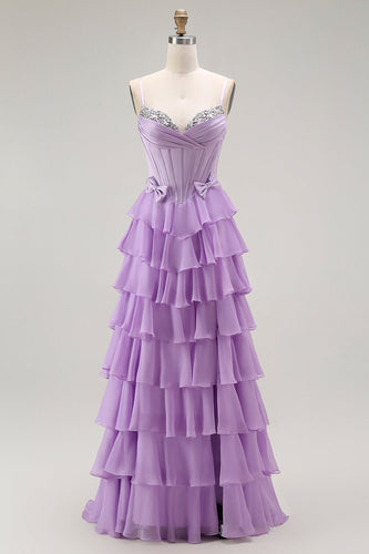 Purple Chiffon Tiered A Line Long Corset Prom Dress with Bows