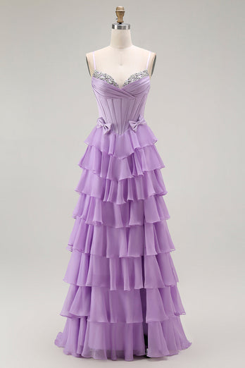 Purple Chiffon Tiered A Line Long Corset Prom Dress with Bows