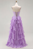 Load image into Gallery viewer, Purple Chiffon Tiered A Line Long Corset Prom Dress with Bows