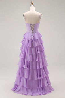 Purple Chiffon Tiered A Line Long Corset Prom Dress with Bows