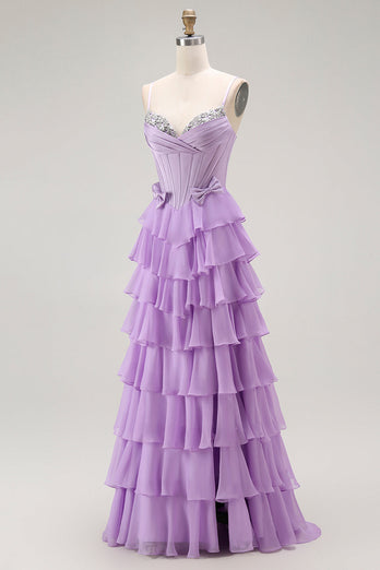 Purple Chiffon Tiered A Line Long Corset Prom Dress with Bows