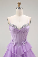 Load image into Gallery viewer, Purple Chiffon Tiered A Line Long Corset Prom Dress with Bows