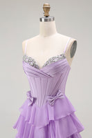 Load image into Gallery viewer, Purple Chiffon Tiered A Line Long Corset Prom Dress with Bows