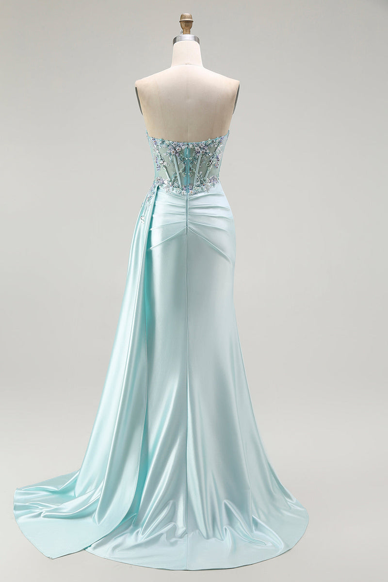 Load image into Gallery viewer, Sparkly Floral Light Green Maxi Corset Prom Dress with Slit