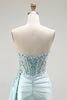 Load image into Gallery viewer, Sparkly Floral Light Green Maxi Corset Prom Dress with Slit