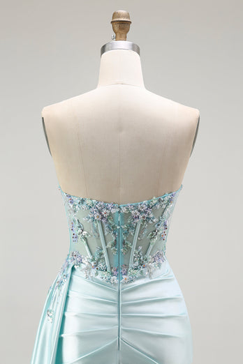 Sparkly Floral Light Green Maxi Corset Prom Dress with Slit