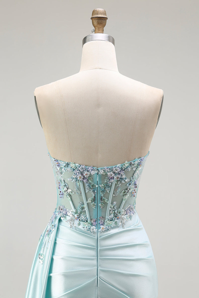 Load image into Gallery viewer, Sparkly Floral Light Green Maxi Corset Prom Dress with Slit