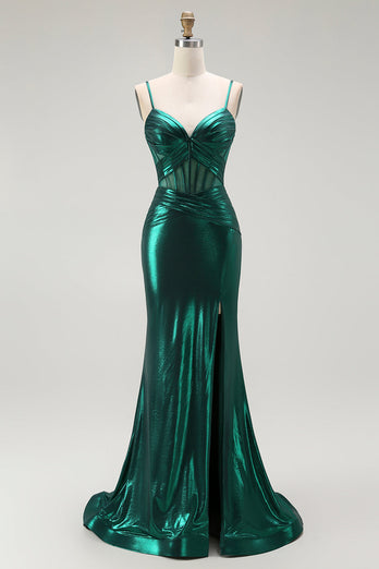 Dark Green Metallic Mermaid Long Corset Prom Dress with Slit