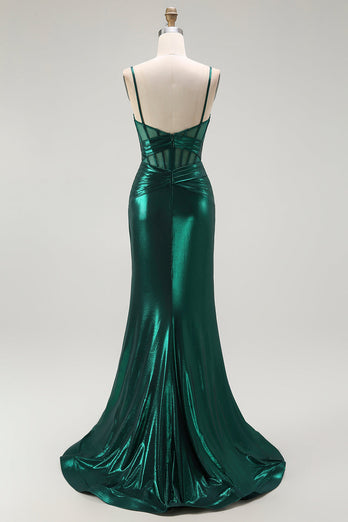 Dark Green Metallic Mermaid Long Corset Prom Dress with Slit