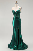 Load image into Gallery viewer, Dark Green Metallic Mermaid Long Corset Prom Dress with Slit