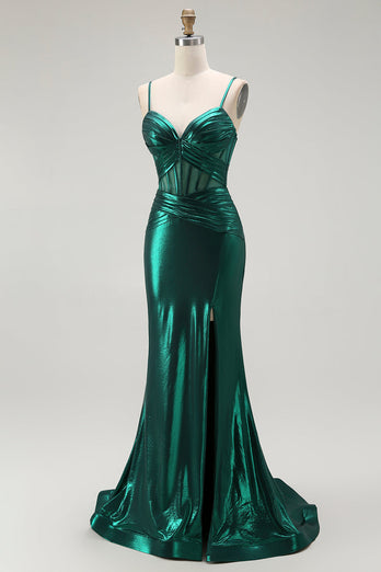 Dark Green Metallic Mermaid Long Corset Prom Dress with Slit