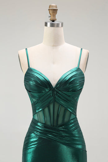 Dark Green Metallic Mermaid Long Corset Prom Dress with Slit
