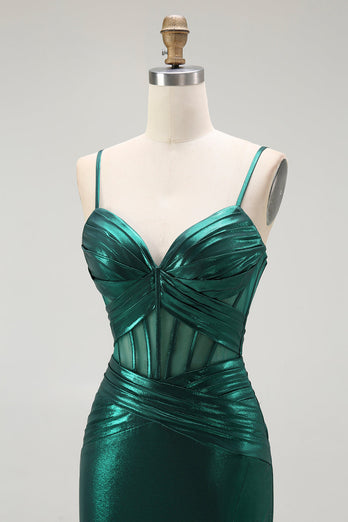 Dark Green Metallic Mermaid Long Corset Prom Dress with Slit