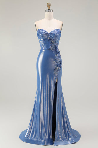 Sparkly Blue Floral Beaded Sweetheart Long Corset Prom Dress with Slit