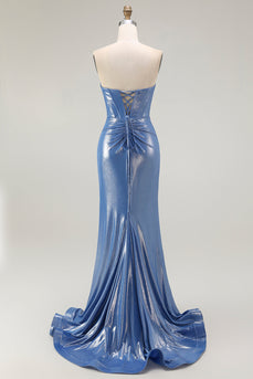 Sparkly Blue Floral Beaded Sweetheart Long Corset Prom Dress with Slit