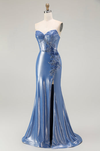 Sparkly Blue Floral Beaded Sweetheart Long Corset Prom Dress with Slit