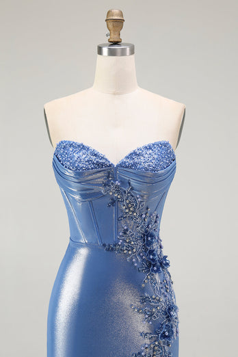 Sparkly Blue Floral Beaded Sweetheart Long Corset Prom Dress with Slit