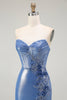 Load image into Gallery viewer, Sparkly Blue Floral Beaded Sweetheart Long Corset Prom Dress with Slit