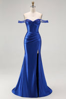 Load image into Gallery viewer, Sparkly Royal Blue Off the Shoulder Long Corset Prom Dress with Slit