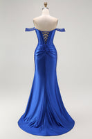 Load image into Gallery viewer, Sparkly Royal Blue Off the Shoulder Long Corset Prom Dress with Slit