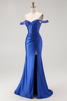 Load image into Gallery viewer, Sparkly Royal Blue Off the Shoulder Long Corset Prom Dress with Slit