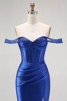 Load image into Gallery viewer, Sparkly Royal Blue Off the Shoulder Long Corset Prom Dress with Slit