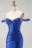 Load image into Gallery viewer, Sparkly Royal Blue Off the Shoulder Long Corset Prom Dress with Slit