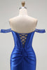 Load image into Gallery viewer, Sparkly Royal Blue Off the Shoulder Long Corset Prom Dress with Slit
