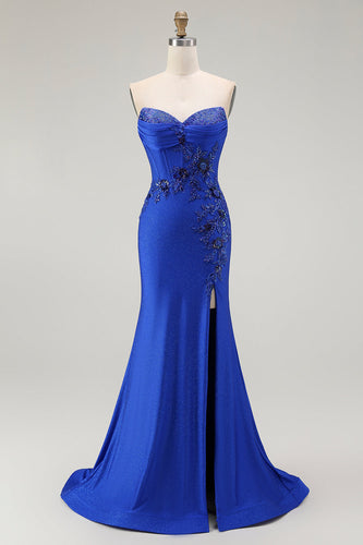 Sparkly Royal Blue Floral Mermaid Long Corset Prom Dress with Beading