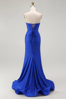 Sparkly Royal Blue Floral Mermaid Long Corset Prom Dress with Beading