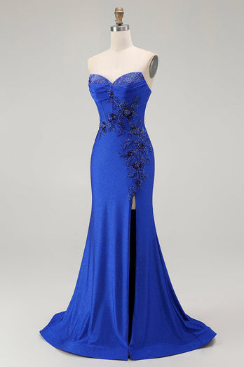 Sparkly Royal Blue Floral Mermaid Long Corset Prom Dress with Beading