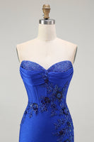 Load image into Gallery viewer, Sparkly Royal Blue Floral Mermaid Long Corset Prom Dress with Beading