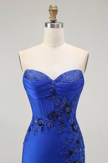 Sparkly Royal Blue Floral Mermaid Long Corset Prom Dress with Beading