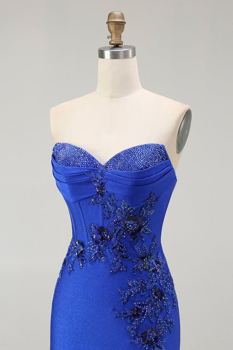 Load image into Gallery viewer, Sparkly Royal Blue Floral Mermaid Long Corset Prom Dress with Beading