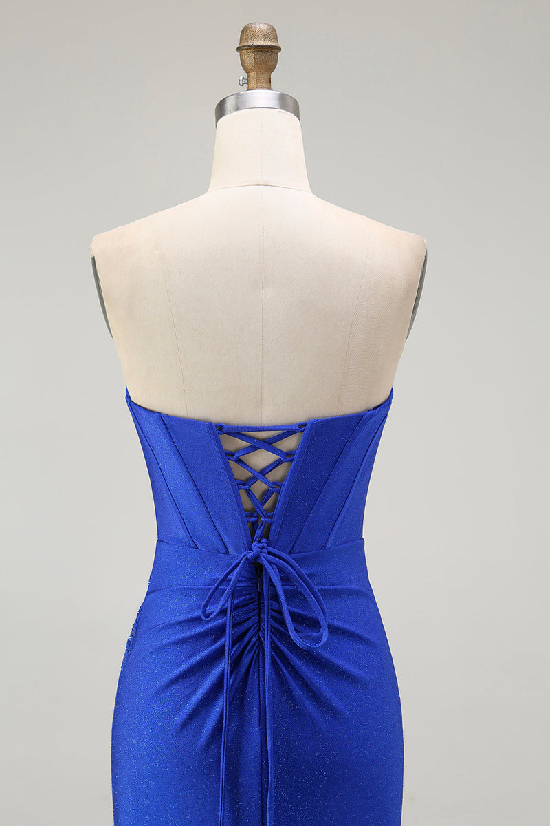 Load image into Gallery viewer, Sparkly Royal Blue Floral Mermaid Long Corset Prom Dress with Beading