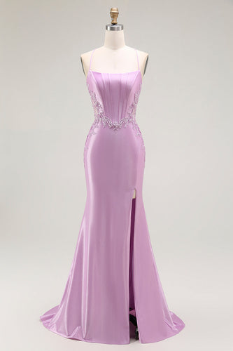 Purple Mermaid Appliqued Long Corset Prom Dress with Slit