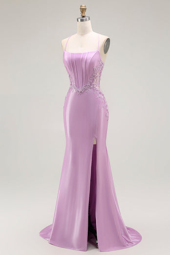 Purple Mermaid Appliqued Long Corset Prom Dress with Slit