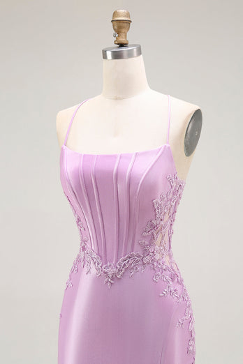 Purple Mermaid Appliqued Long Corset Prom Dress with Slit