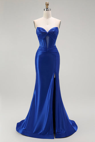 Sparkly Royal Blue Corset Maxi Mermaid Prom Dress with Beading