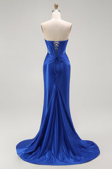 Sparkly Royal Blue Corset Maxi Mermaid Prom Dress with Beading