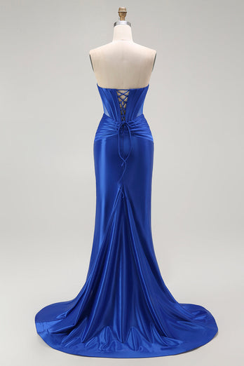 Sparkly Royal Blue Corset Maxi Mermaid Prom Dress with Beading