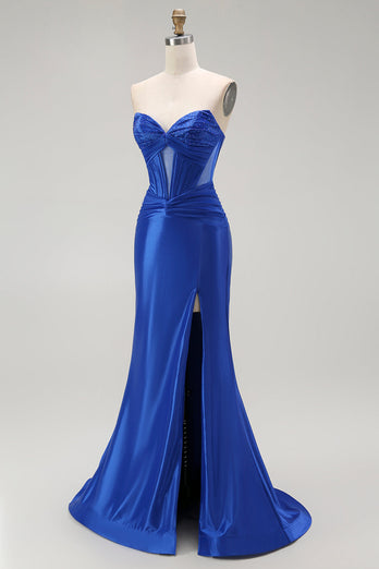 Sparkly Royal Blue Corset Maxi Mermaid Prom Dress with Beading