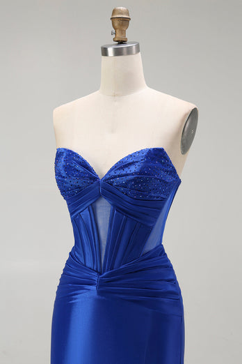 Sparkly Royal Blue Corset Maxi Mermaid Prom Dress with Beading