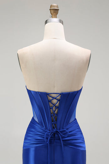 Sparkly Royal Blue Corset Maxi Mermaid Prom Dress with Beading