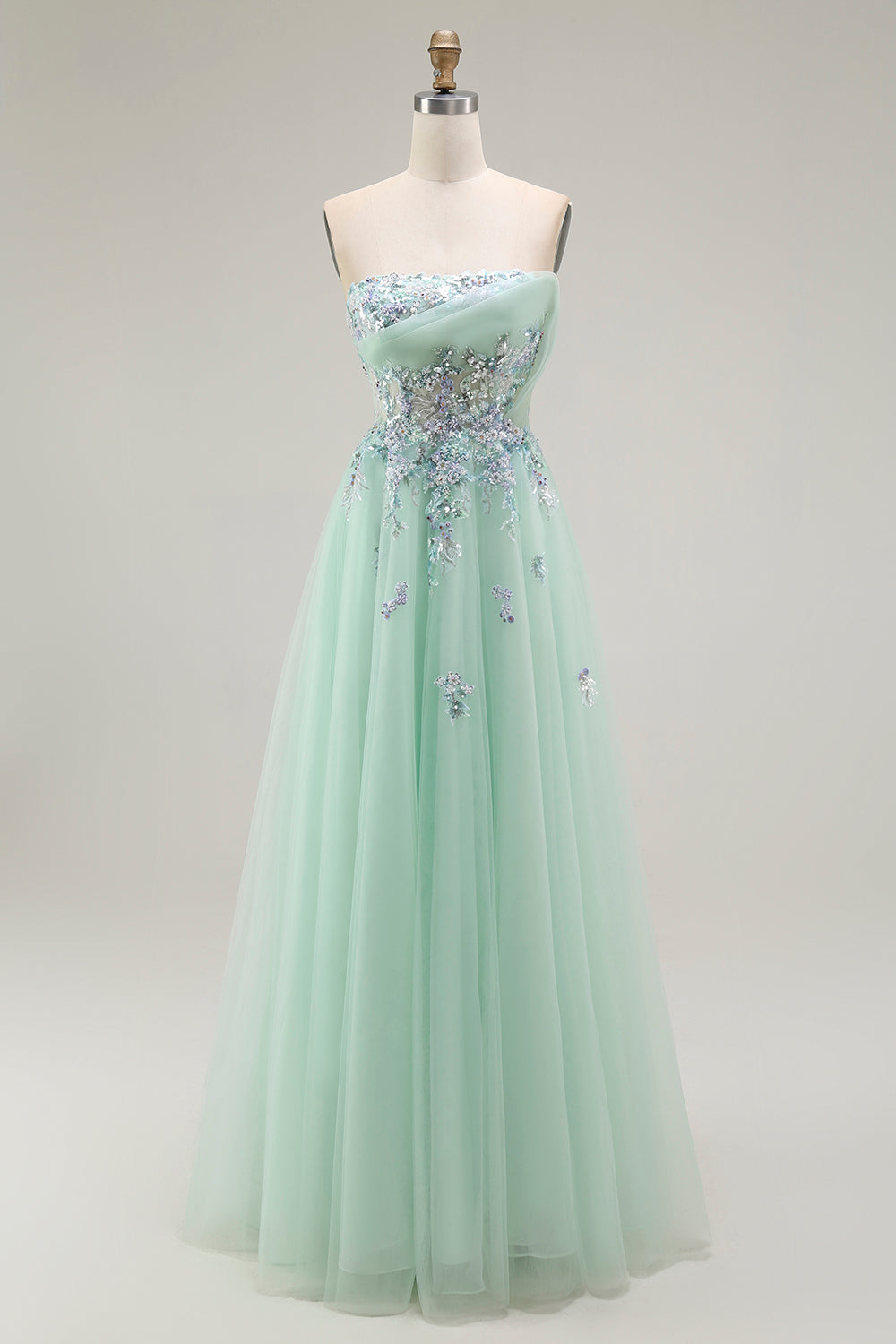 Green Floral Strapless A Line Maxi Prom Dress with Appliques
