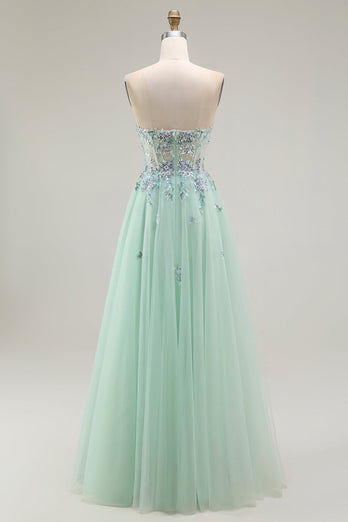 Green Floral Strapless A Line Maxi Prom Dress with Appliques