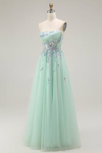 Green Floral Strapless A Line Maxi Prom Dress with Appliques