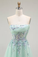 Load image into Gallery viewer, Green Floral Strapless A Line Maxi Prom Dress with Appliques